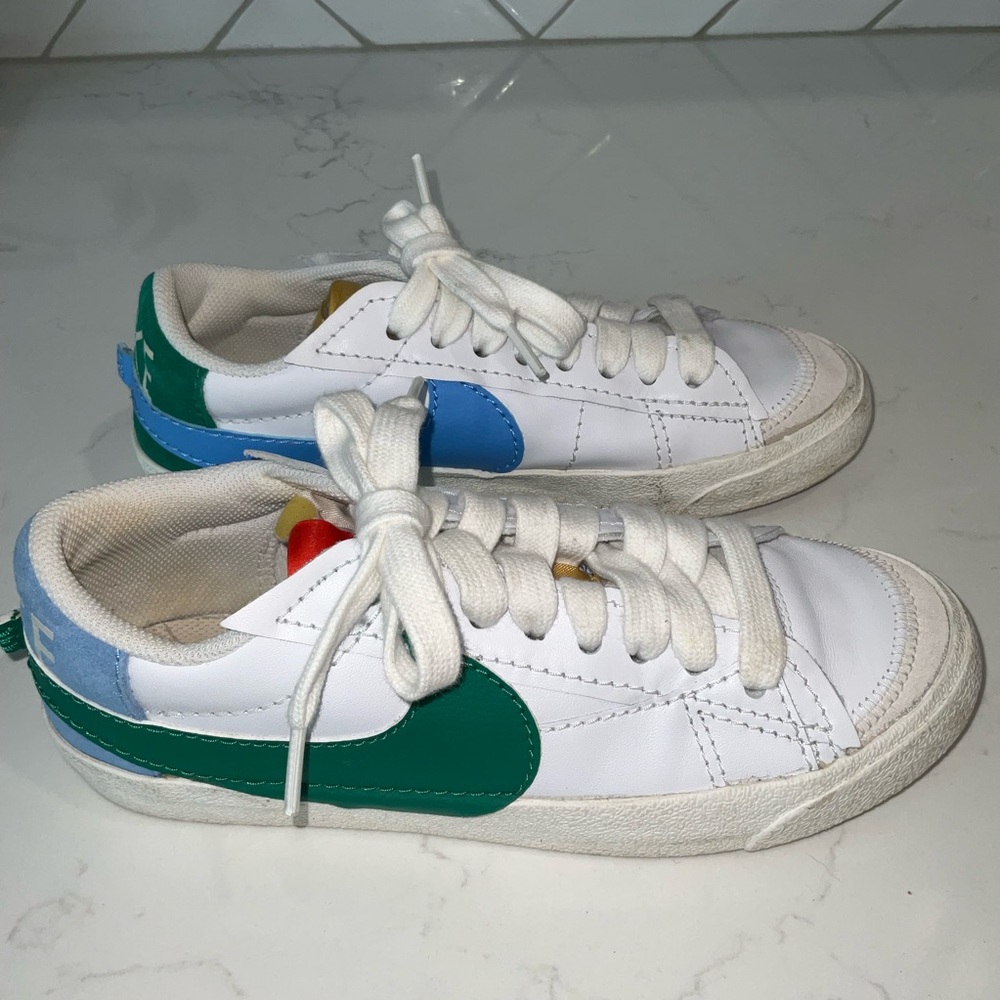 Nike Blazer Low 77 White, Green, and Blue Sneakers